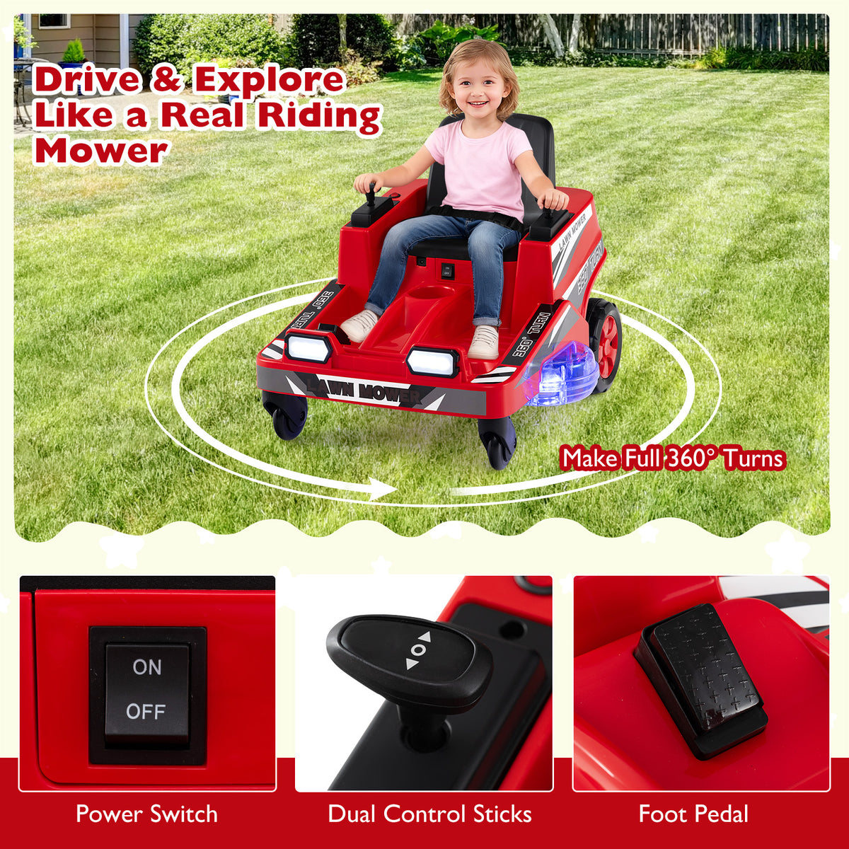 Close up of the red ride on lawn mower for kids controls and features