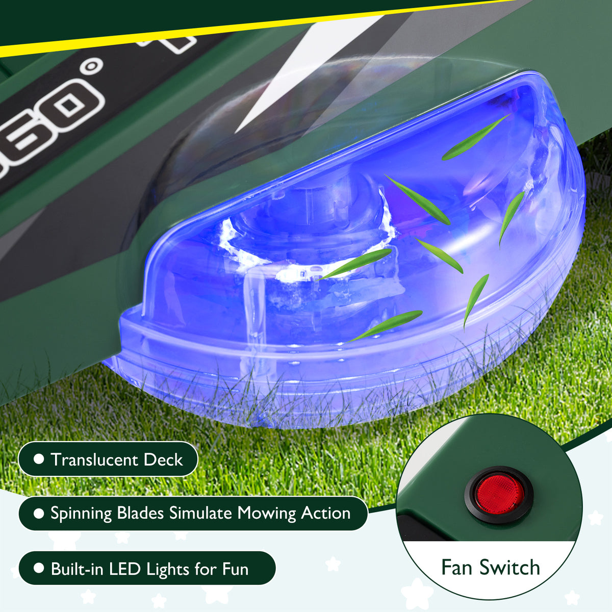 Close up of the blue translucent deck and the red fan switch on the kids electric mower