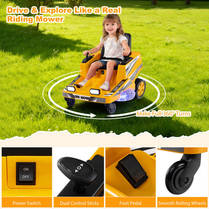 The yellow kids electric mower on grass with four small panels showing its specific parts