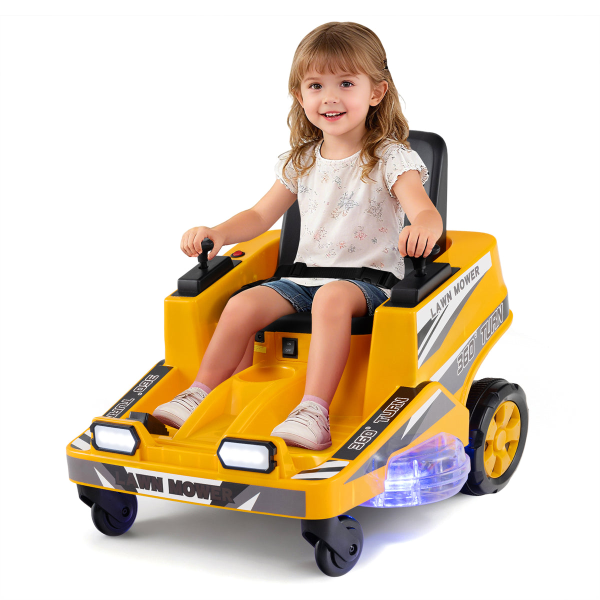 12V Ride on Lawn Mower with a young girl sitting on it and holding the black control sticks
