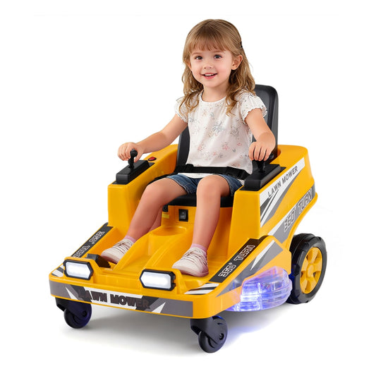 12V Ride on Lawn Mower with a young girl sitting on it and holding the black control sticks