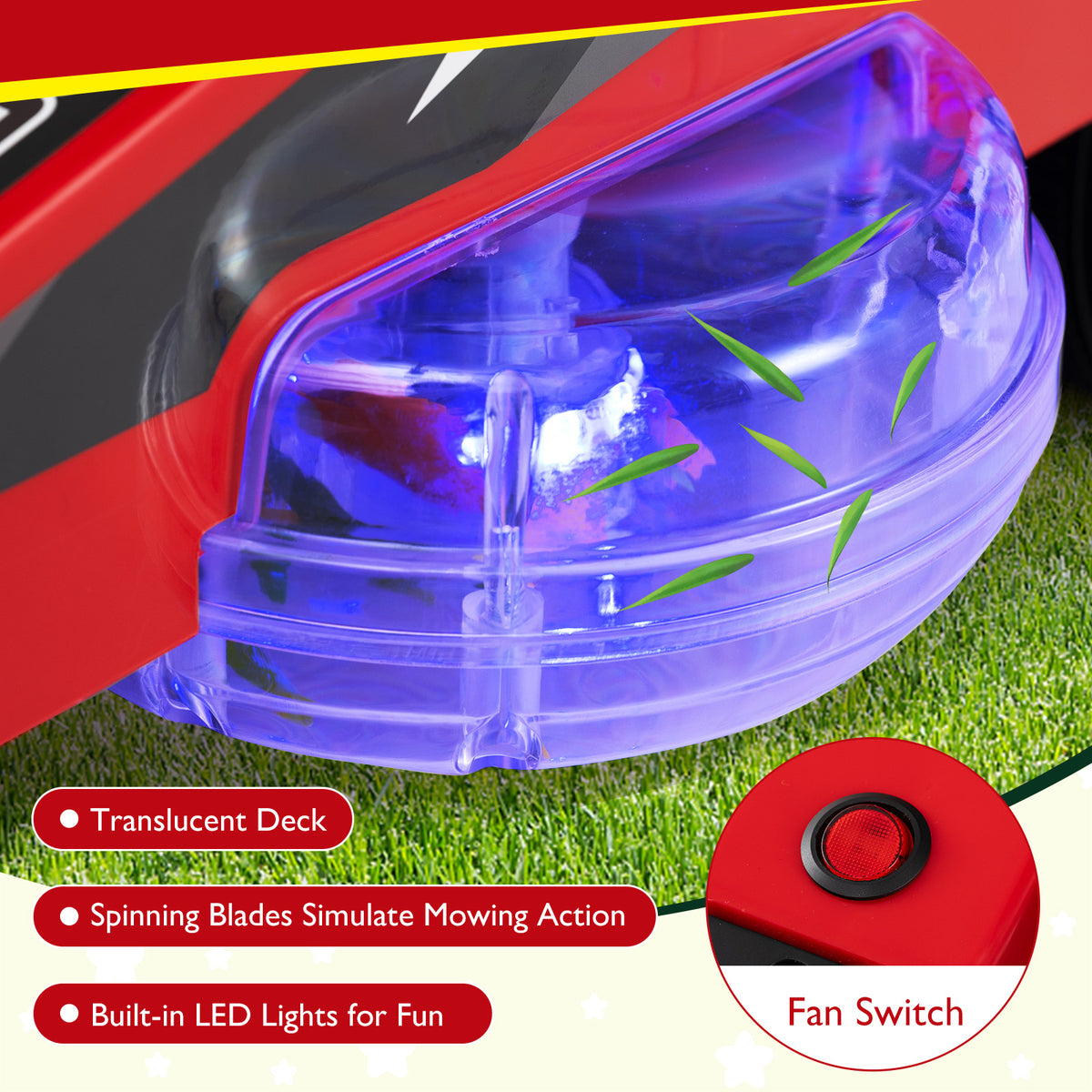 Close up of the translucent deck and LED lights on the red ride on lawn mower for kids