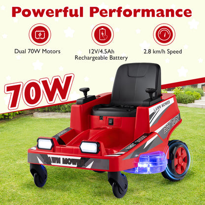 The red ride on lawn mower for kids is shown with text about its powerful performance