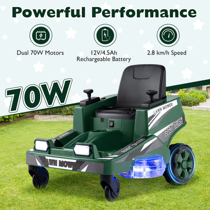 The kids electric mower parked on a green lawn with icons showing battery and motor performance