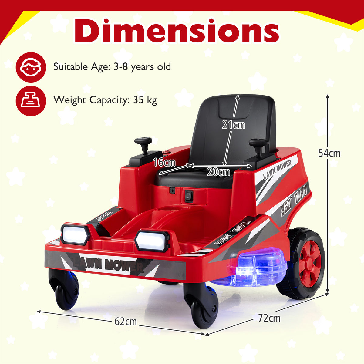 Dimensions diagram of the red ride on lawn mower for kids