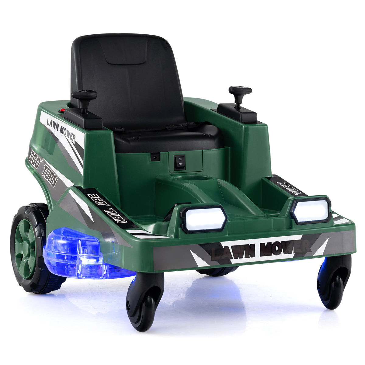 12V Ride on Lawn Mower in green with black seat and bright LED front lights on white background