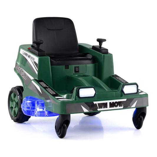 12V Ride on Lawn Mower in green with black seat and bright LED front lights on white background