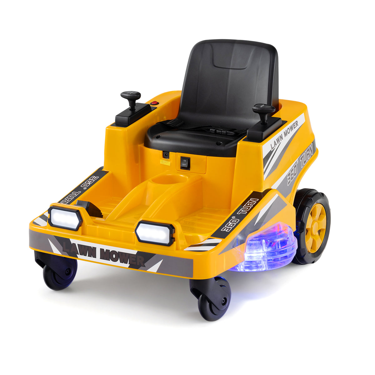 The kids electric car shown in yellow with black seat and illuminated side lights on white background
