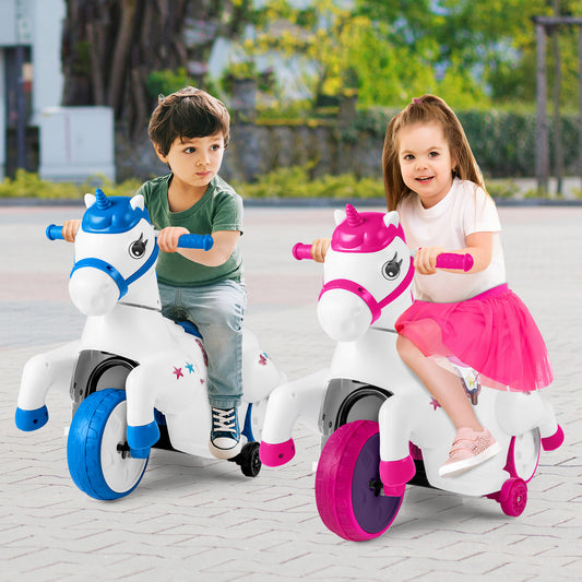 Two children riding the blue and white electric unicorn toys with training wheels