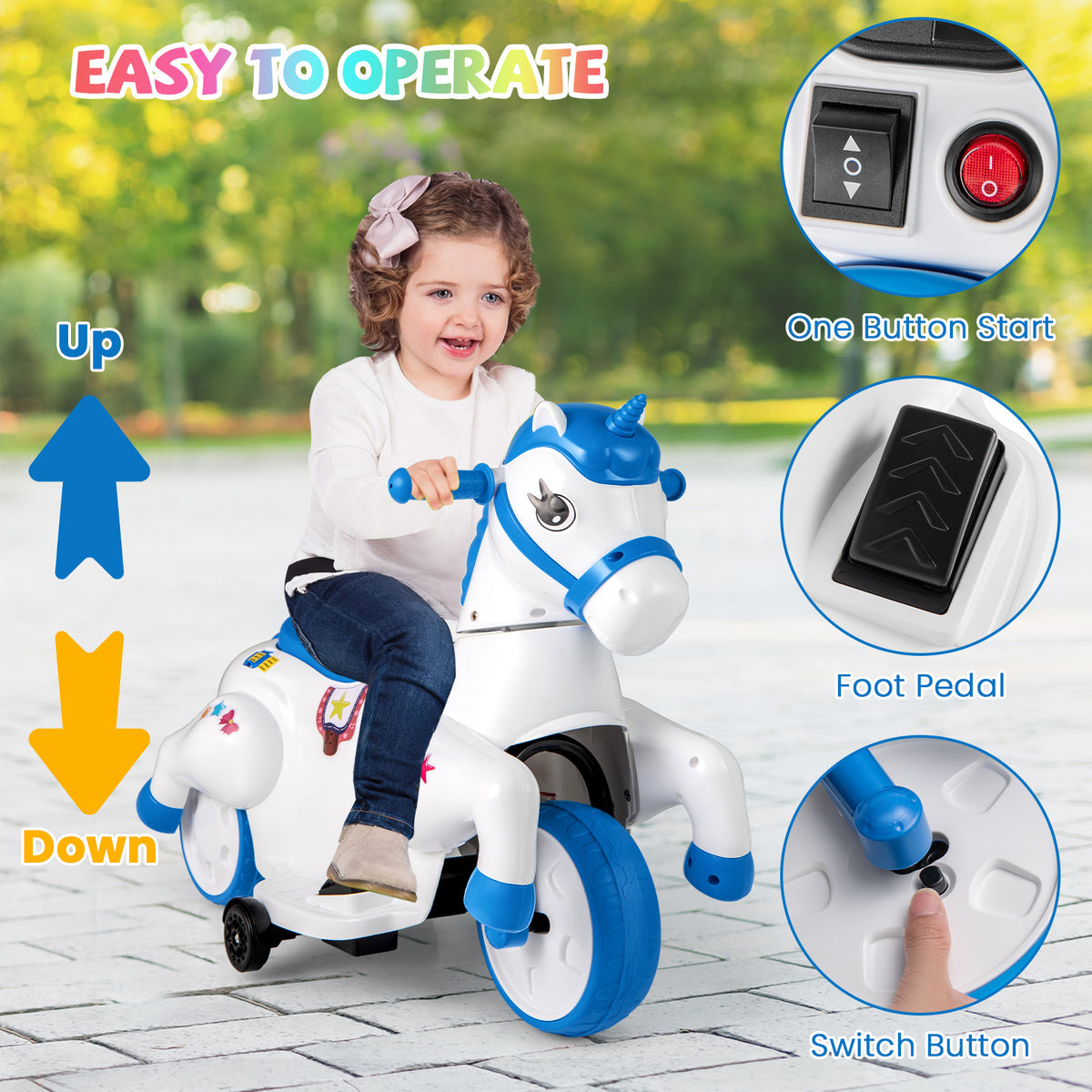 A girl operating the blue and white electric unicorn toy showing controls