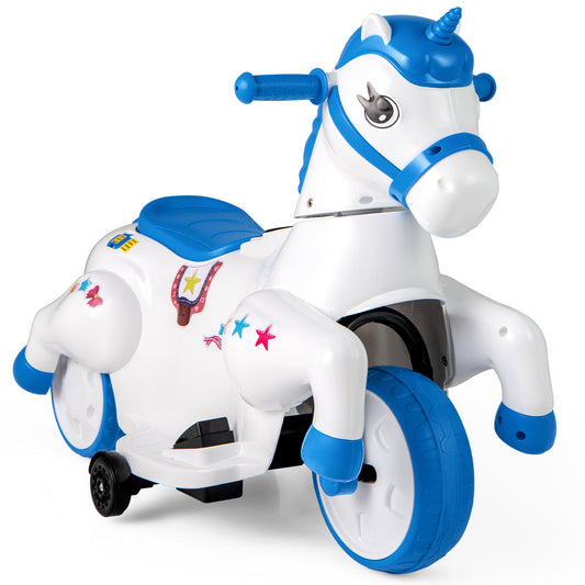 12V Unicorn Ride on Toy with training wheels in blue and white
