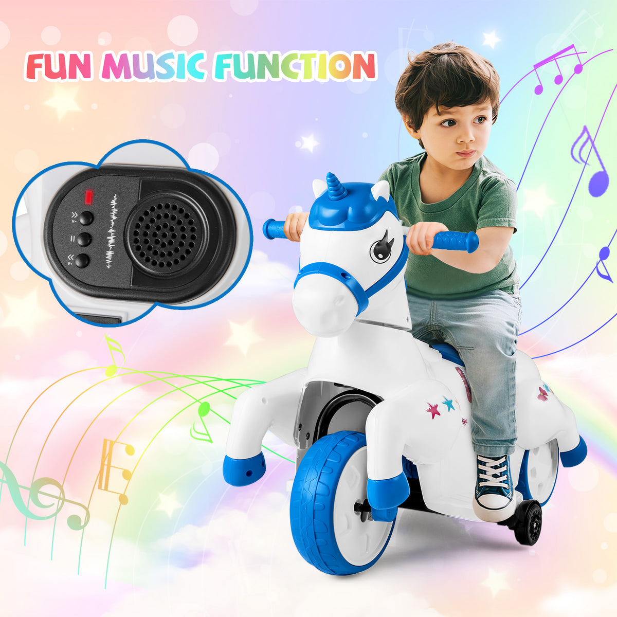 A boy on the blue and white electric unicorn toy with sound speaker detail