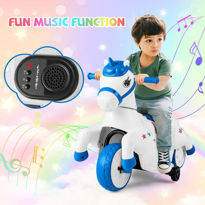 A boy on the blue and white electric unicorn toy with sound speaker detail