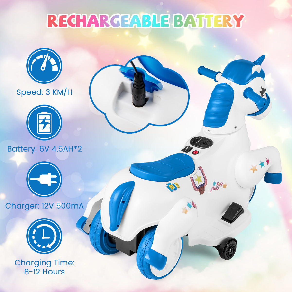 The blue and white electric unicorn toy showing charging details and speed