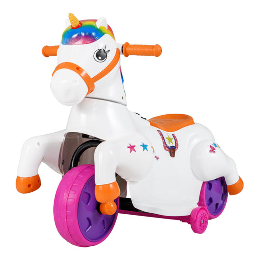 12V Unicorn Ride on Toy with orange handles and purple wheels on a white background
