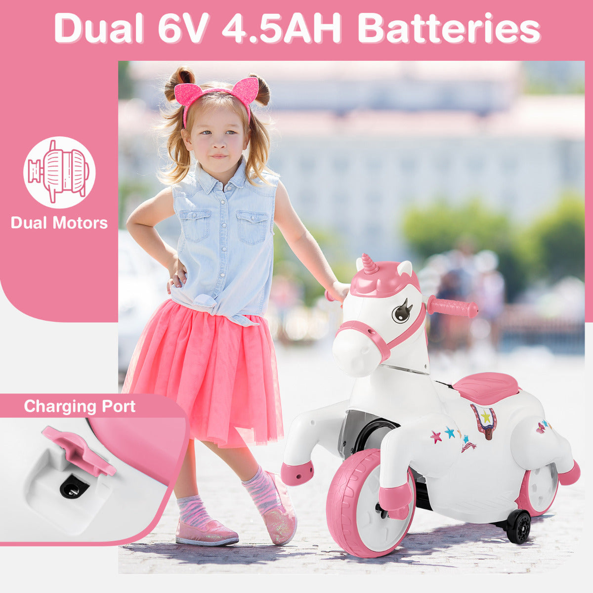Close up of the charging port on the pink unicorn electric toy