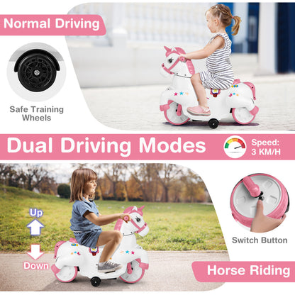 Diagram showing the pink unicorn electric toy's driving modes and speed