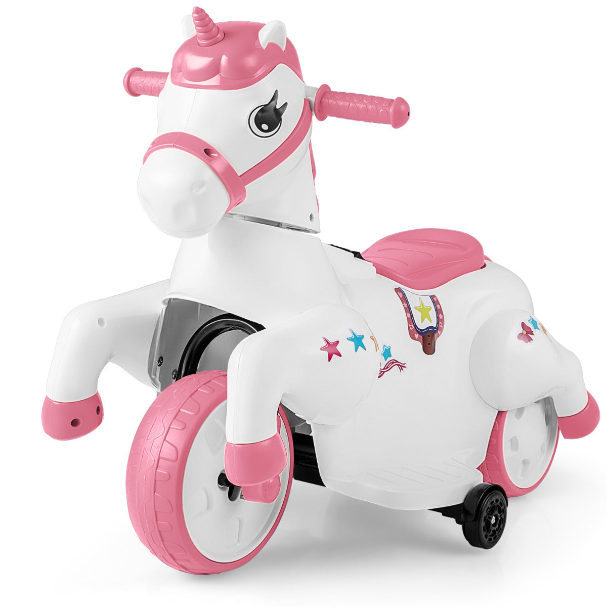 12V Unicorn Ride on Toy with training wheels for kids in pink, a white unicorn with pink accents