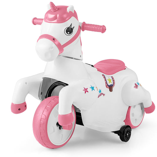 12V Unicorn Ride on Toy with training wheels for kids in pink, a white unicorn with pink accents
