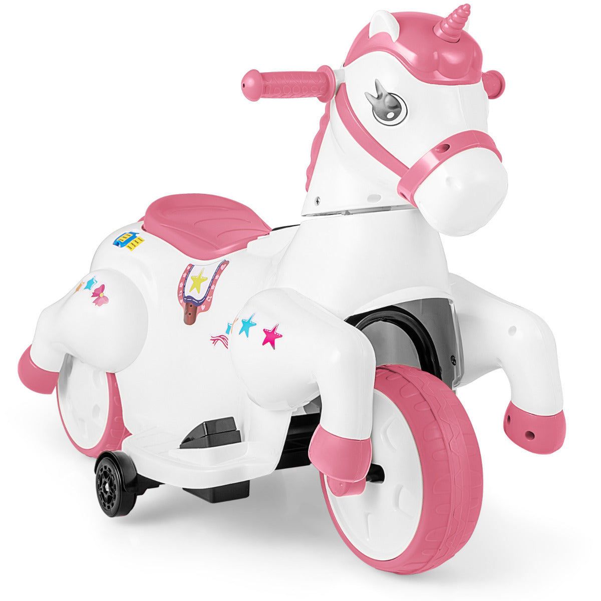 Side view of the pink unicorn electric toy with training wheels