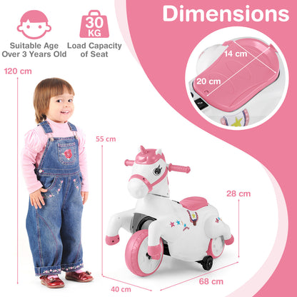 Dimensions diagram showing a child next to the pink unicorn electric toy
