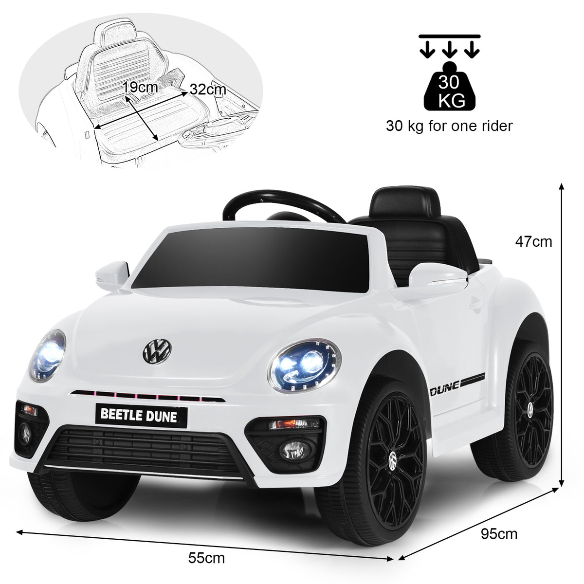 12V Volkswagen Beetle Electric Kids Ride On Car in White