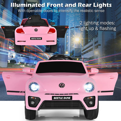 Pink electric ride on car with doors and lights open and illuminated