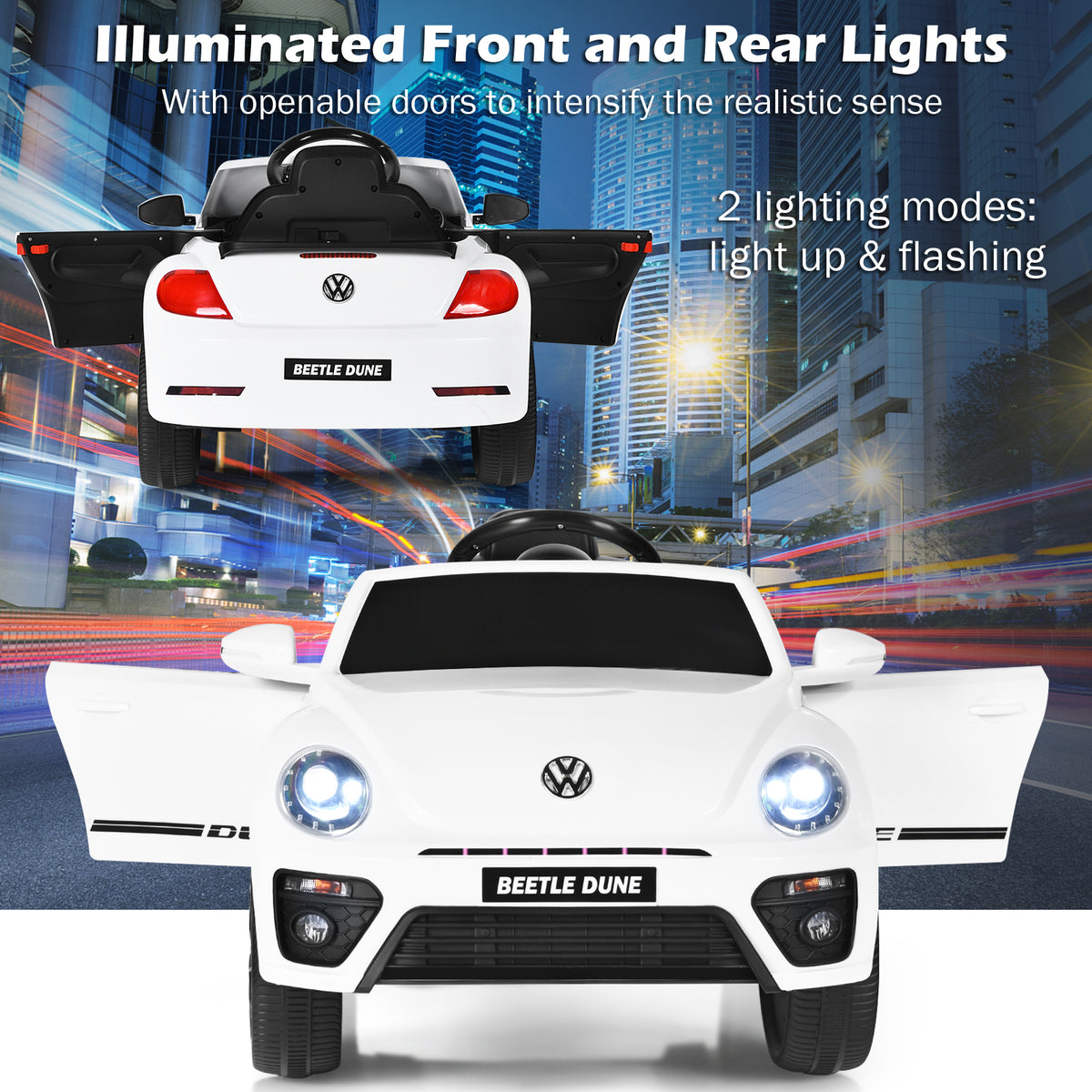 White electric ride on car with doors open and illuminated lights, front and rear views