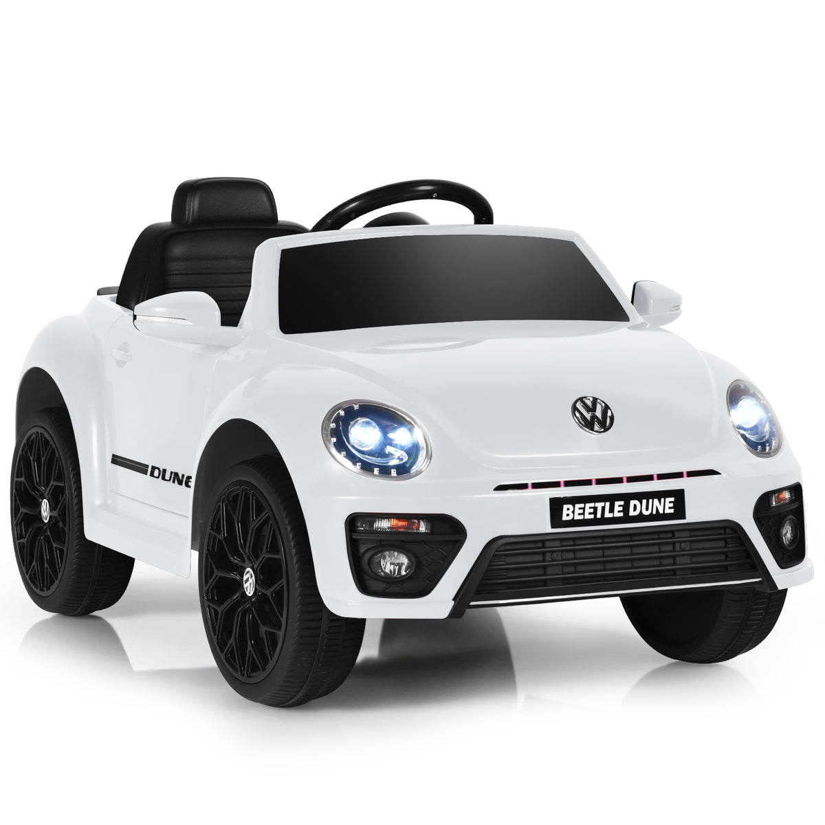 12V Volkswagen Beetle Electric Kids Ride On Car in white, front three-quarter view with lights on