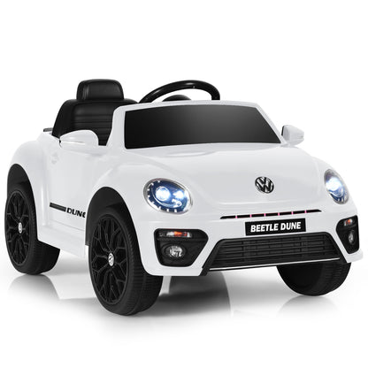 12V Volkswagen Beetle Electric Kids Ride On Car in white, front three-quarter view with lights on