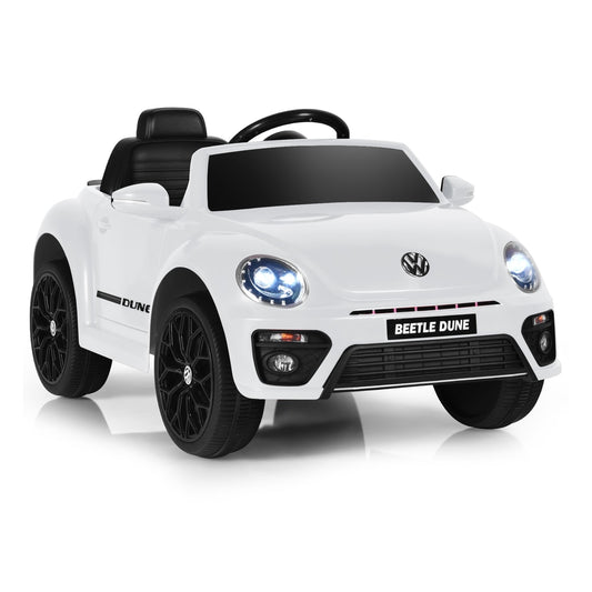 12V Volkswagen Beetle Electric Kids Ride On Car in white, front three-quarter view with lights on