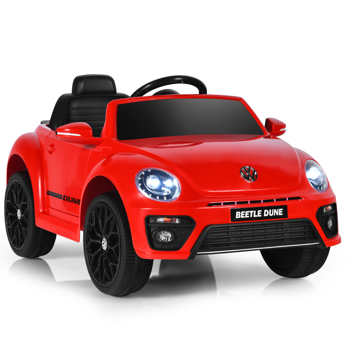12V Volkswagen Beetle Electric Kids Ride On Car in bright red with black wheels and interior