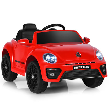 12V Volkswagen Beetle Electric Kids Ride On Car in bright red with black wheels and interior