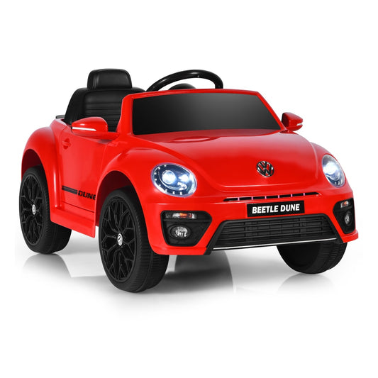 12V Volkswagen Beetle Electric Kids Ride On Car in bright red with black wheels and interior