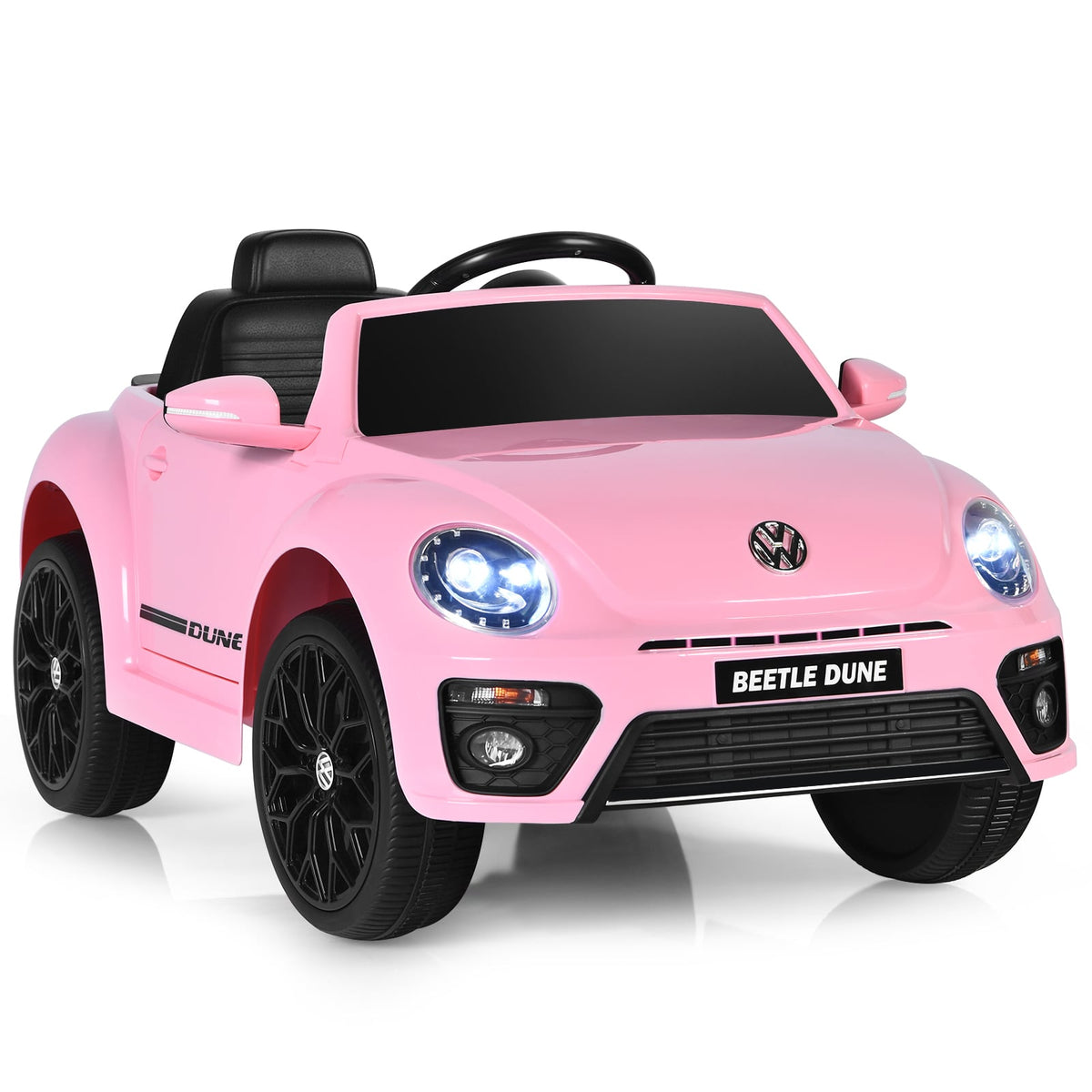 12V Volkswagen Beetle Electric Kids Ride On Car in pink with black wheels and headlights