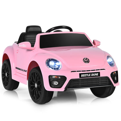 12V Volkswagen Beetle Electric Kids Ride On Car in pink with black wheels and headlights