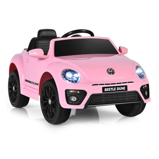 12V Volkswagen Beetle Electric Kids Ride On Car in pink with black wheels and headlights
