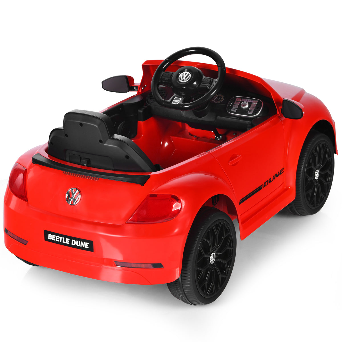 Rear view of the red kids electric ride on car showing the boot and wheels