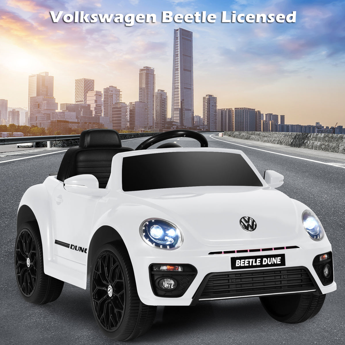 White electric ride on car parked on a road with a city skyline in the background