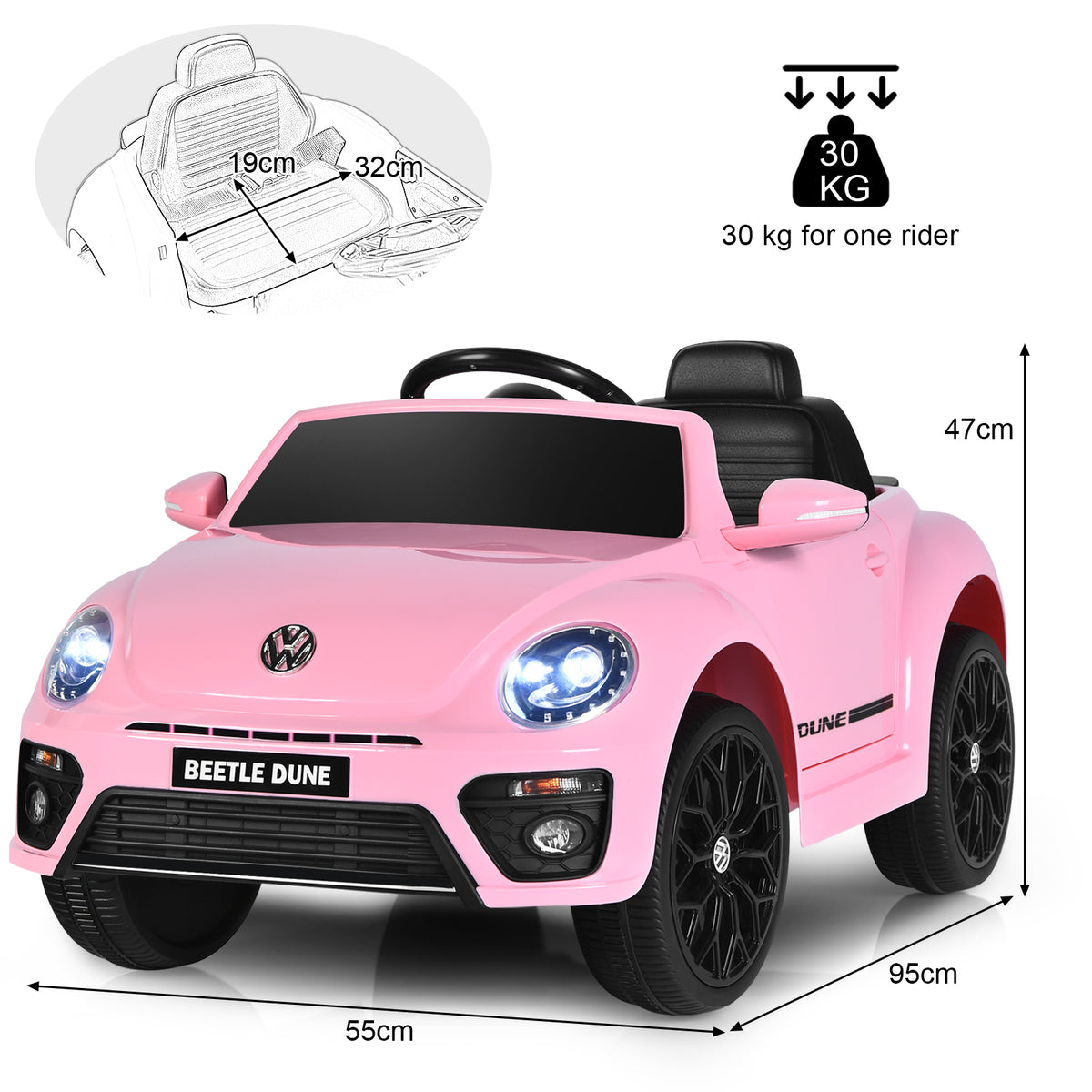 Pink electric ride on car with dimensions shown in a diagram