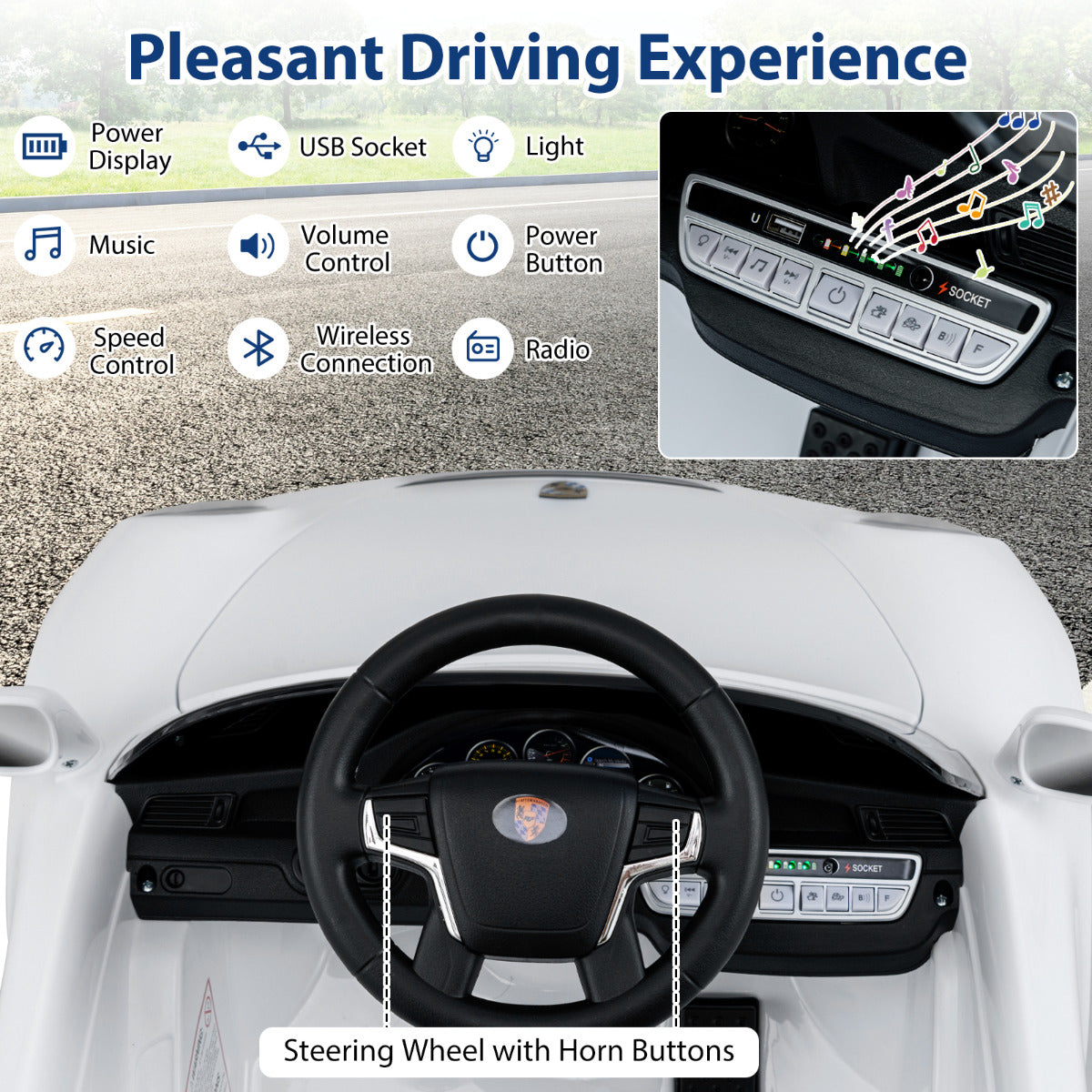 Close up of the steering wheel and dashboard of the kids electric car with controls