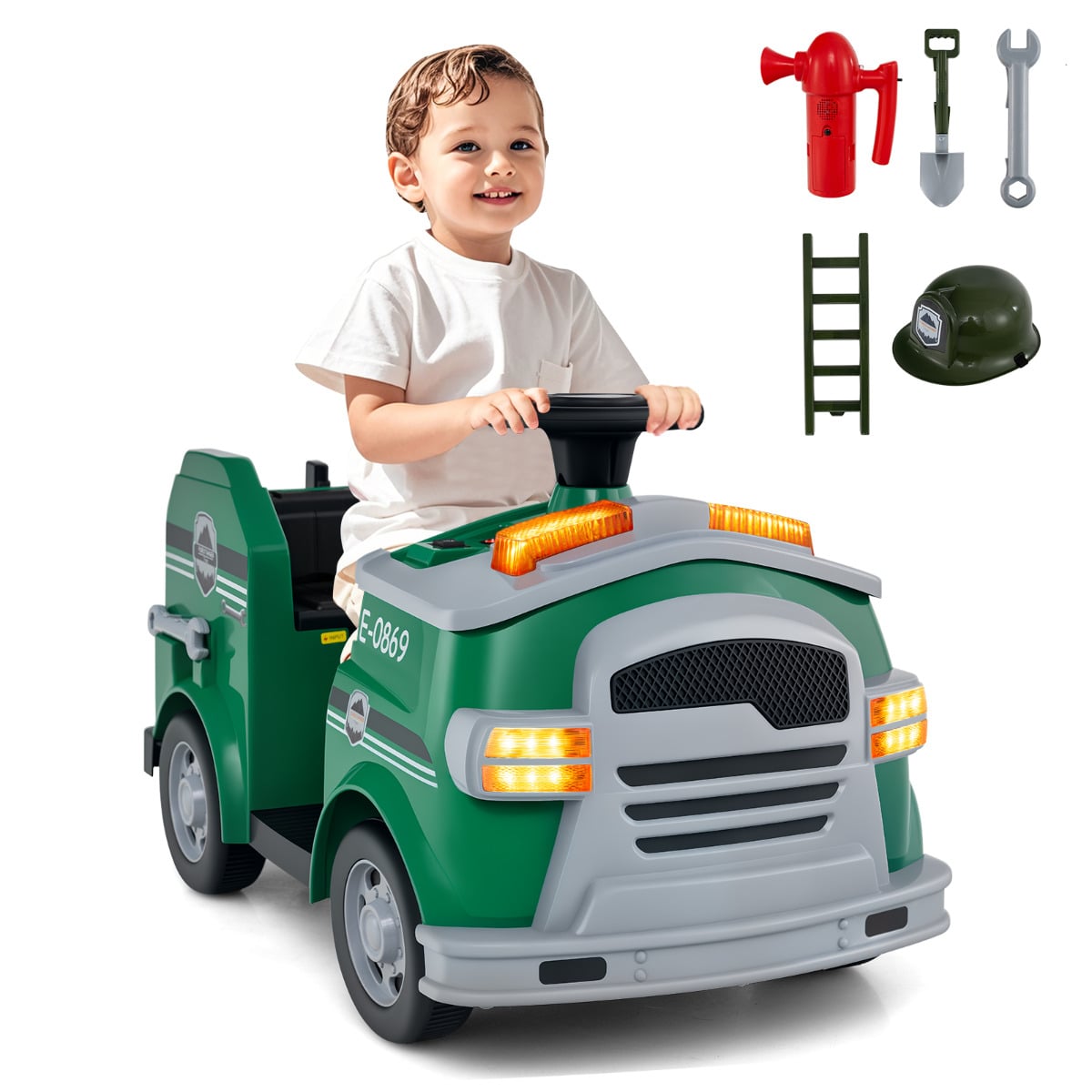 12V Kids Ride on Fire Truck with Shovel and Wrench-Green