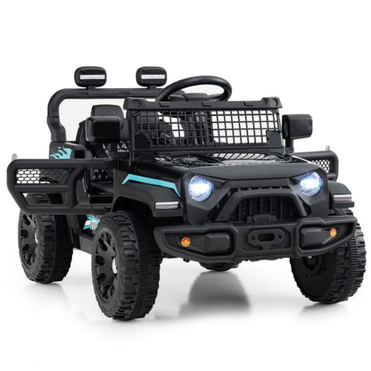 Front view of the black 12V Kids Ride on Truck Car with headlights on