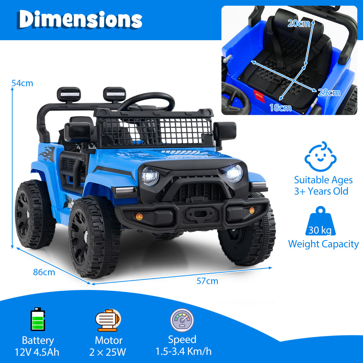 The navy kids electric car showing overall size and technical details