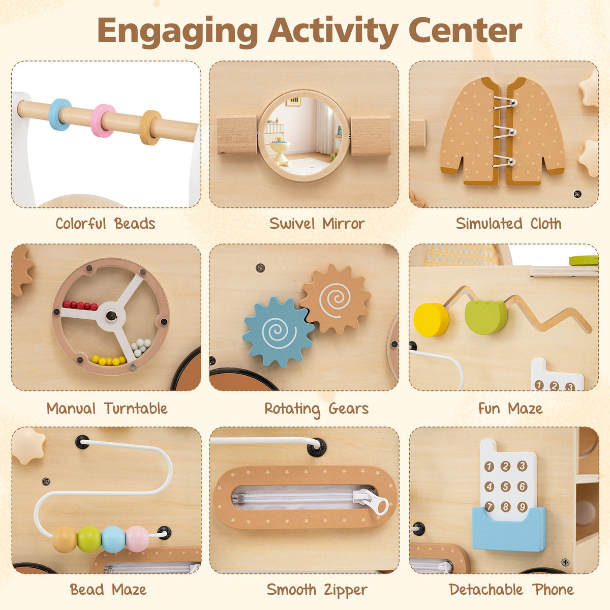 The baby walker featuring a grid of close-up shots of various interactive play activities