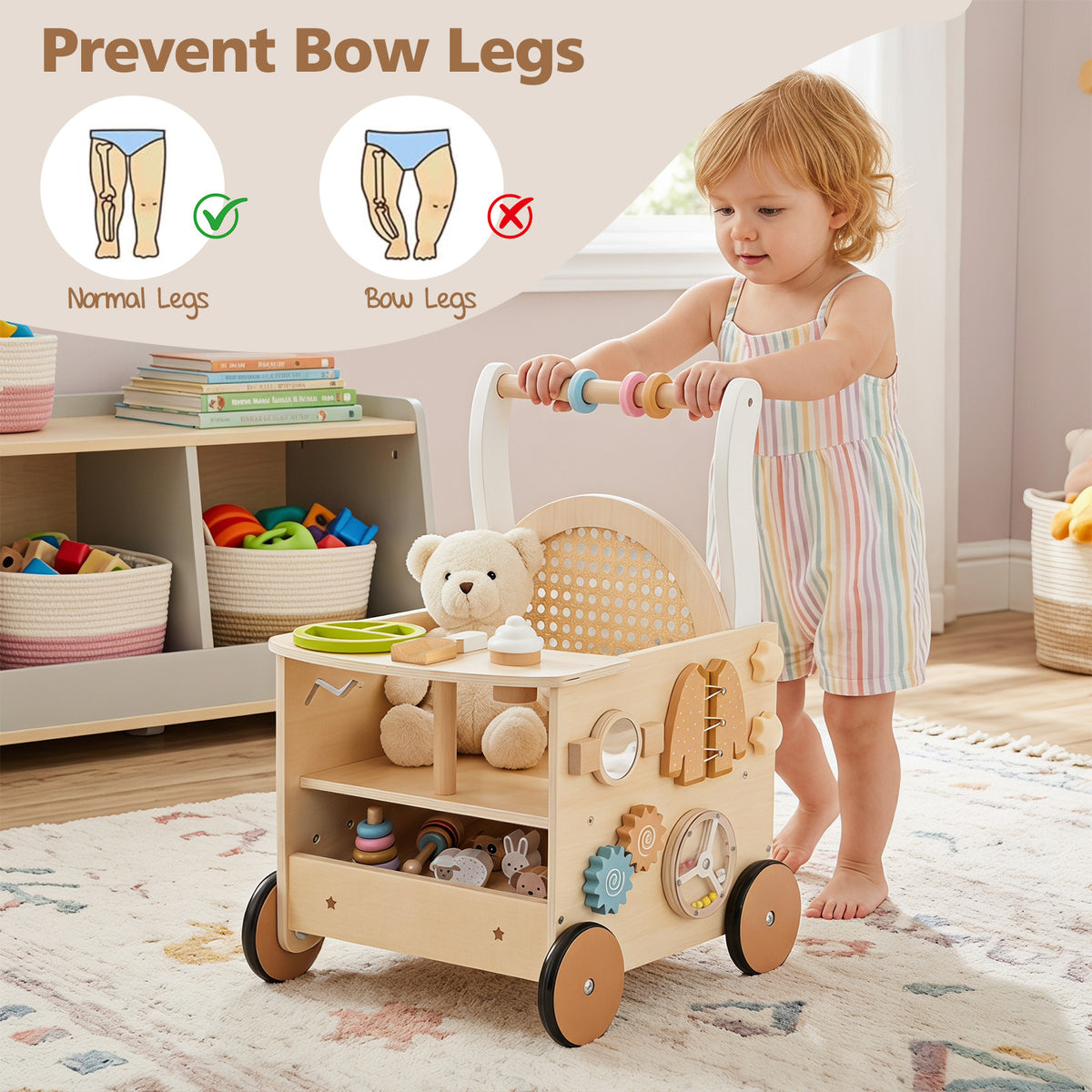 The baby walker with a diagram showing how it supports healthy leg development for toddlers