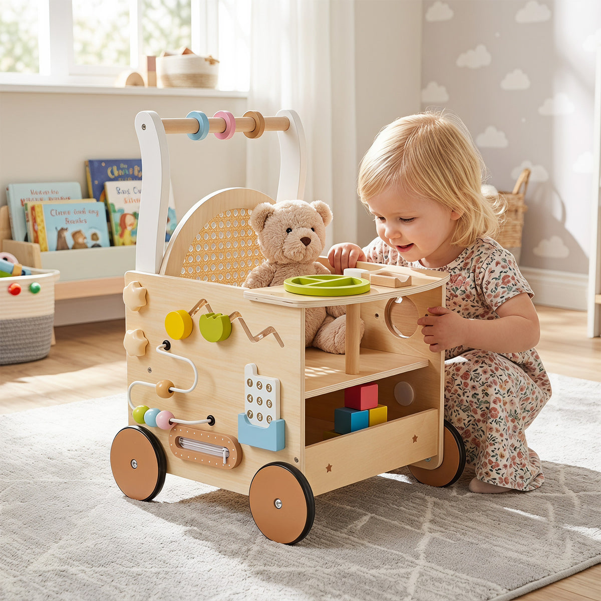 The baby walker being pushed by a toddler in a bright living room setting