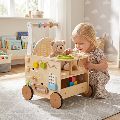 The baby walker being pushed by a toddler in a bright living room setting