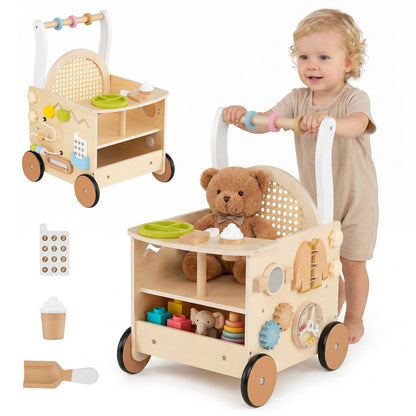 13-In-1 Wooden Baby Walker shown with a child pushing it and various small play accessories