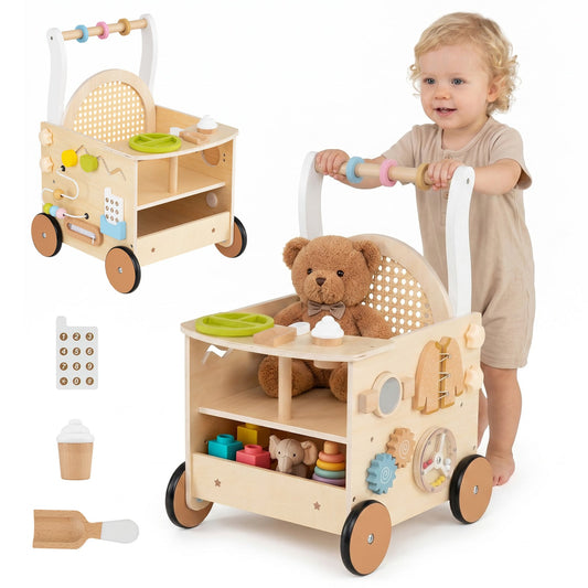 13-In-1 Wooden Baby Walker shown with a child pushing it and various small play accessories